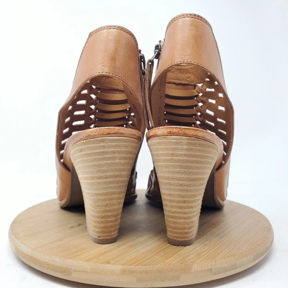 Paul Green Rosa Ankle Booties Womens 10.5 Brown Leather Woven Open Back Shoes‎